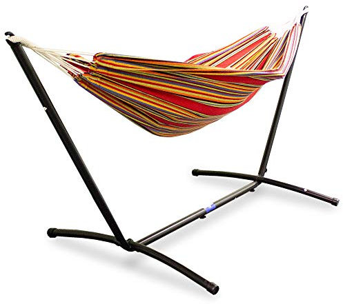 Lacestone Hängematte mit Gestell Hängeliege Relaxliege Outdoor Indoor 180x140 bis 120Kg (Bunt Gestreift)