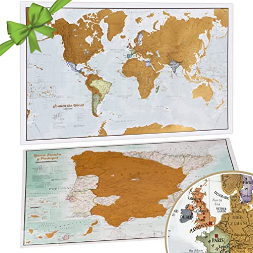 Affisch med världskarta för att skrapa + gåva: Skrapkarta över Spanien och Portugal, Maps International, mer än 50 års erfarenhet av kartografi, kartografiska detaljer