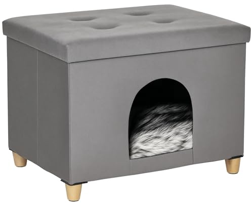 PawHut Niche Chat Maison de Chat Design surélevé avec Coussin amoviable et Lavable en Peluche Doux Repose-Pieds, Dessus ouvrable, Gris