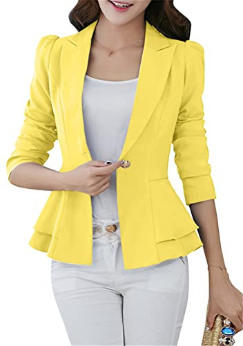 YMING Giacca Blazer da Donna Giacche Semplici Cardigan Corto da Ufficio Blazer A Bottone Singolo Giallo S