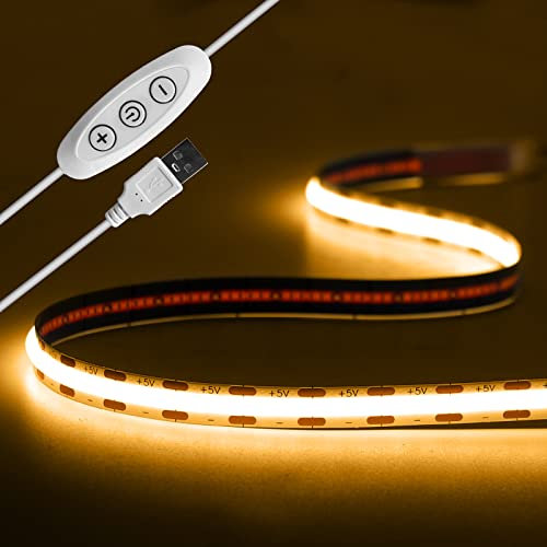 Tayire 2m USB 5V LED Streifen Warmweiss 3000K, 960LEDs Dimmbar COB LED Strip Lights CRI90+ LED TV Hintergrundbeleuchtung, Flexibel Unterbodenleuchte für Drinnen Küche,Schlafzimmer,Zuhause DIY