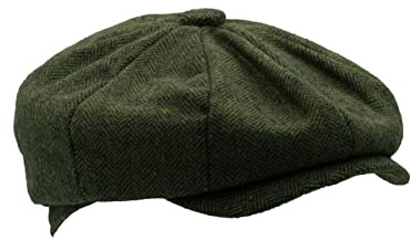WALKER AND HAWKES - Men's Brown Grey Classic Baker Boy Style 8-Panel Tommy Baker Cap - Green Herringbone - M (58cm)