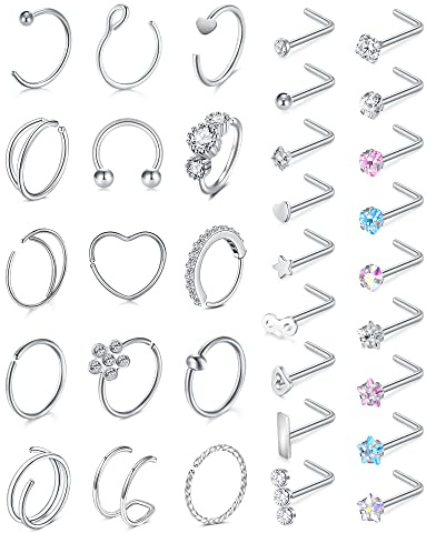 Incaton 33PC 20G Stainless Steel Nose Rings Hoops L Shaped Studs Screw Nose Piercings Jewelry for Women Men Silver Rose Gold Black Rainbow