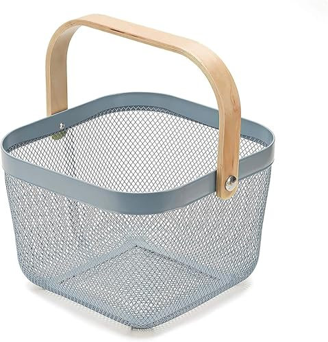 Sarmini Aufbewahrungskorb mit Holz Henkel, Multifunktionaler Metalldraht Hängende Küchenkörbe Obstkorb Ideal für Küche, Bad, Speisekammer, Garten, Schrankhaus, Einkaufen (Quadrat - Blau)