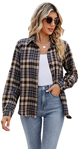 Famrrifuu Donna Classico Bluse e Camicie Quadri Flanella Camicetta Manica Lunga Casual Cotone Shirts Vintage,Grigio,XXL
