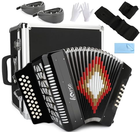 Horse 31 Key Accordion,12 Bass 3-Row F/B/E Diatonic Accordions Instruments for Adults with Case, Gloves, Cleaning Cloth, Oversleeves, and Straps, Acordeón Acordeones Para Beginners to Professionals