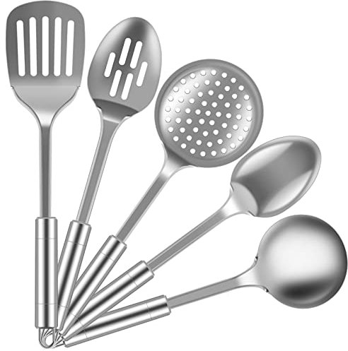 Set di utensili da cucina da 5 pezzi in acciaio inox, cucchiai e spatola, con manico ergonomico, riutilizzabili, set di attrezzi per la cucina