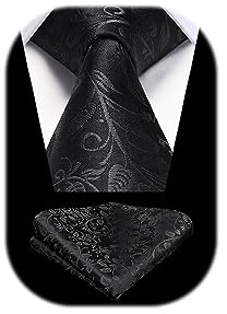 HISDERN Cravatta da Uomo Paisley Nero Cravatta da Matrimonio Fazzoletto da Taschino Set da Lavoro Formale Festa