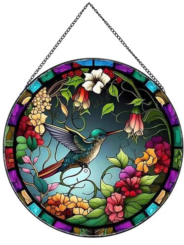 Payutou Hummingbirds and Flowers Pattern Suncatcher Stained Glass,Hanging Stained Glass for Windows,20cm/7.87inch Hand-Painted Sun Catcher Garden Hangings Painted Glass Panel Decor Themed Gift