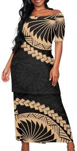 QUJUFOZY Black Samoan Ethnic Wear Puletasi Samoan Traditional Dresses Plus Size Summer Dresses Women's Sexy Printed Loose Dresses Samoan Tapa Puletasi Tatau Top Skirt Two Piece Set-3XL