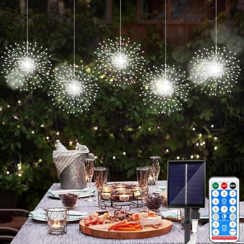 EONANT Pack de 4 luces solares de fuegos artificiales, 480 LED, resistentes al agua, 8 modos de iluminación con mando a distancia, decoración para terraza, fiesta, Navidad, boda (blanco)