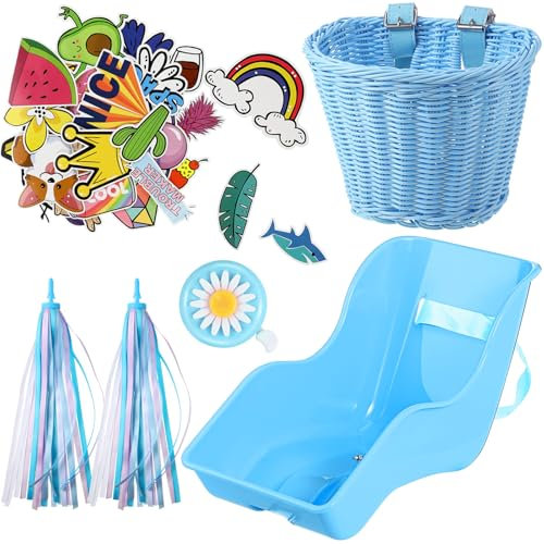 Aurelema Doll Bike Seat with 30 Pcs Stickers Decals Bike Basket for Kids Bike Handlebar Streamers Colorful Ribbons Tassel Daisy Bike Bell for Girls Boys Bike Accessories Christmas Kids Gift(Blue)