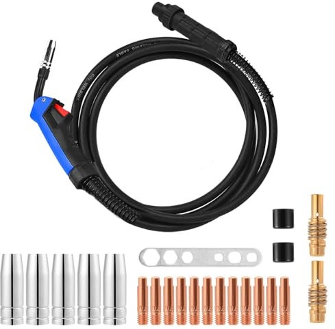 Antorcha soldadura hilo MIG MAG 15AK de 5 metros con Juego de 21 Piezas Accesorios para Máquinas de Soldadura de Gas Inerte para Máquina Soldar Semiautomática con Gas Refrigerada Por Aire