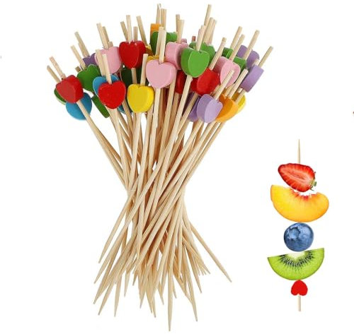 Shirene Palillos de Cóctel,100 PCS Palillos de Bambú para Cócteles,Brochetas de Corazones Multicolores,Accesorios para Cóctele,Palillos de Madera Para Cóctele para Decoración de Fiestas,Bufés