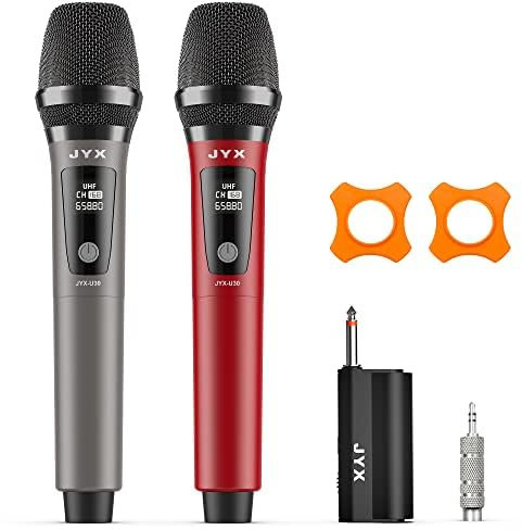 JYX Wireless Microphone with Rechargeable Receiver, Dual 2 UHF Cordless System, High-Fidelity Sound, Handheld Dynamic Microphone with 100ft Transmission Dista (Black/Red-2 Mics)
