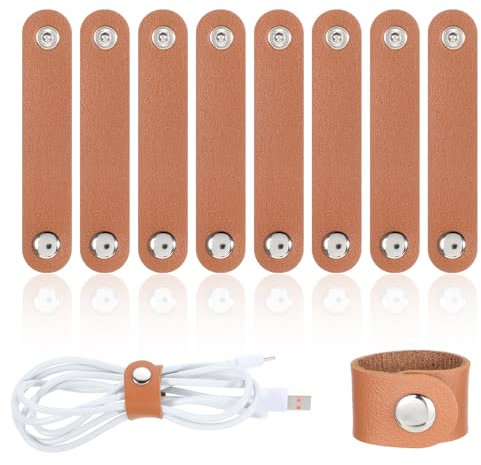 10 PCS Cord Organiser, Leather Wire Organiser, Brown Cable Ties, Leather Wire Management Wires Organiser Clip, Reusable Cable Tidy for USB Cable Headphone Wires, Short Straps