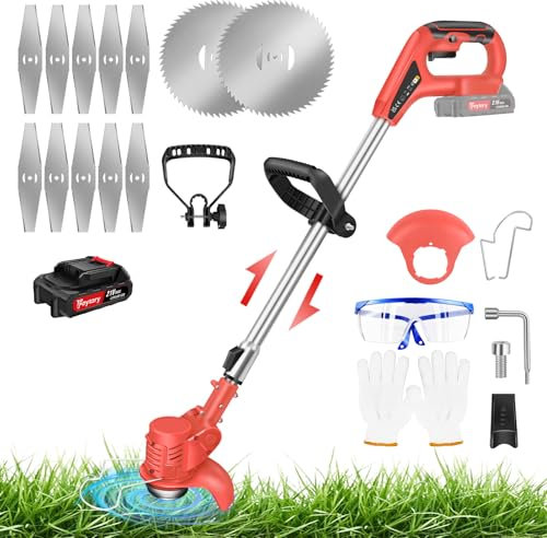 Desbrozadora a Batería 21V Desbrozadora Electrica, Cortabordes Electrico con Batería 1.5Ah, 12 Cuchillas de Metal, Mango Ajustable, Cortabordes Eléctrico Inalámbrico a Batería para Césped Jardín Poda