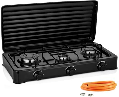 Cocina Hornillo de gas portatil para camping y exterior con 3 quemadores, 30 – 50 mbar, placa de gas con tapa protectora, manguera de presión para butano incluido.
