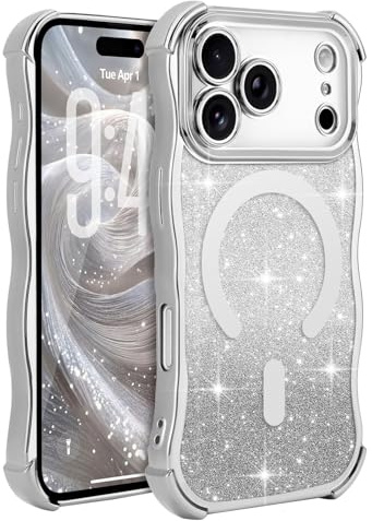 Wirvyuer for iPhone 17 Pro Curly Wave Frame Magnetic Case, Compatible with Magsafe with Removable Glitter Sparkly Card Cover, Clear Shockproof Anti-scratch Phone Case for Women Girls, Silver