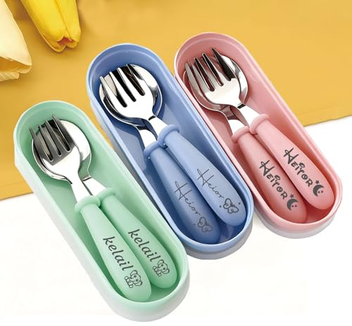 Cubiertos Personalizados,Nombre y Patrón Personalizables,Cubiertos Infantiles Acero Inoxidable,Rosa, Azul, Verde,20 Diseños para Elegir,Regalos para Niños y Niñas.