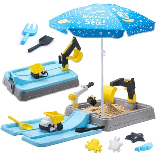 VROGTIK Kids Excavator Sandbox with Umbrella & Cover, Construction Sandbox Set with Beach Toys & Dump Truck, Outdoor Educational Play Set for Toddlers Ages 3-12