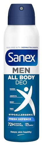 Sanex Spray Men Todo el Cuerpo Deo Frescor Total 150ml, Desodorante Manos, Axilas, Cuerpo y Pies, 72H Protección contra Olor Clínicamente Probada, Hipoalergénico, Delicado con Piel