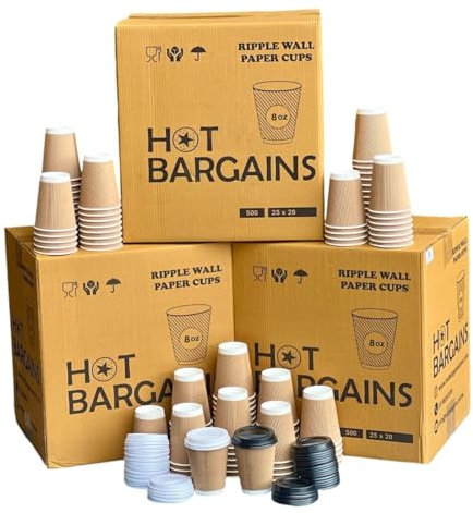 HOT BARGAINS - Kraft Triple Walled Disposable Paper Ripple Cups - 200 X 8oz/ 230ml, Hot Drink Cups + Reusable Lids