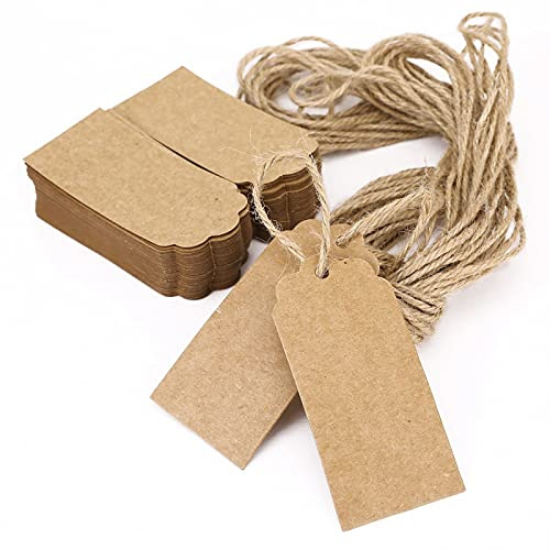 100 Piezas Etiquetas de Papel Kraft, Etiquetas de Regalo con Cuerda de Yute,Vintage Etiquetas de Papel para Bodas Cumpleaños y Navidad 4.5 x 9 cm Marrón