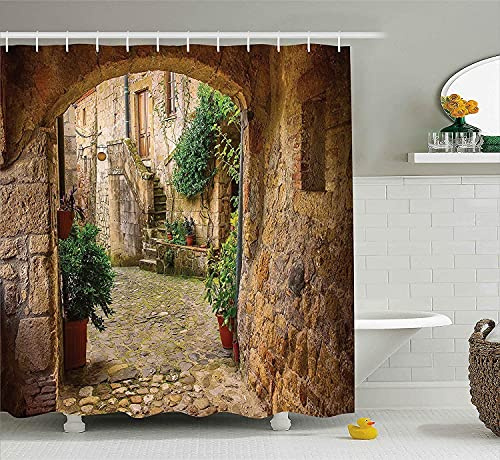 Abaysto Shower Curtain Landscape from Another Door Antique Stone Village Tuscany Italian Valley Scenery Decor Waterproof Fabric Bathroom Bathtub Shower Curtains with 12 Hooks 72x72 Inch