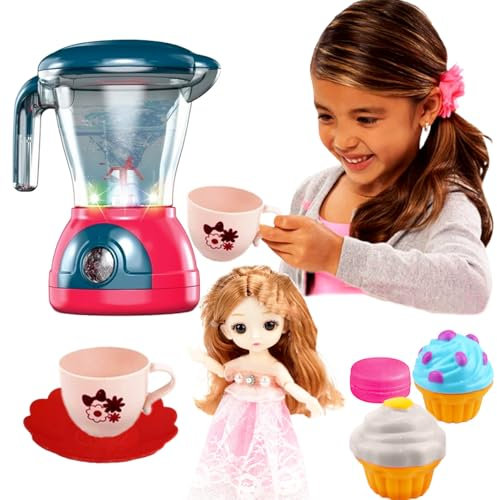 Coo11 Kids Blender Mixer Toy, Realistic Juicer Kitchen Pretend Play Set with Party Tea Cup Set, Dessert, Play Doll, On/Off Button Light Sound, Fun Learning Home Appliances for Toddlers Ages 3+