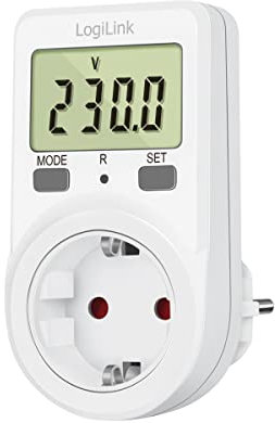 LogiLink EM0002B - Misuratore con ampio display LCD, visualizzazione: potenza in watt, tensione di rete, consumo di energia, costi energetici e avviso di sovraccarico, colore: Bianco
