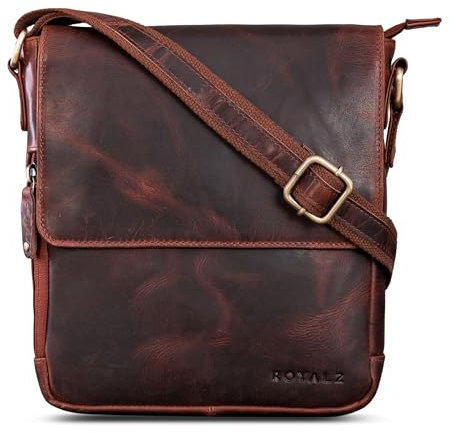 ROYALZ 'Cleveland' Vintage Leder Umhängetasche Herren Klein stilvolle Vintage Männer Schultertasche aus Echtleder, Farbe:Roma Cognac Braun