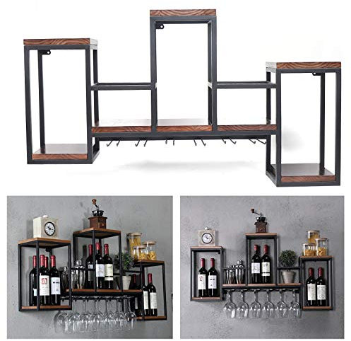 NadineDutol Wand Holz Weinregal Glashalter,Vintage Weinregal Wand Holz,Hängend Wandmontage Weinflaschenregale für Küche, Esszimmer, Bar