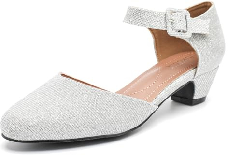 LIURUIJIA Women's Closed Toe Low Chunky Heel Pumps Ankle Strap Dress Shoes for Work Wedding Party Glitter Silver 40 US 8