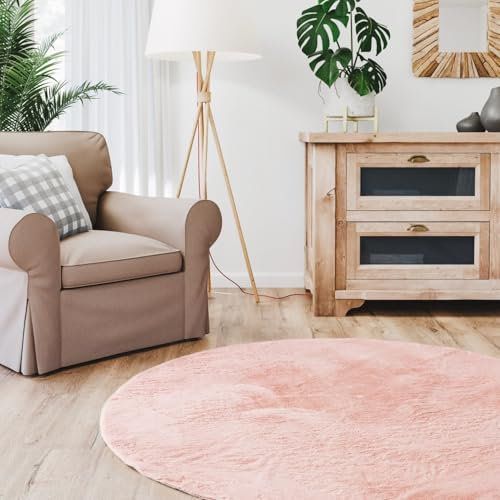 Interiyou Fargo - Teppich Wohnzimmer 120x120 cm Rund Rosa - Kurzflor Waschbar und rutschfest - Flauschiger Fellteppich aus Kunstfell - weicher Langflor Fell