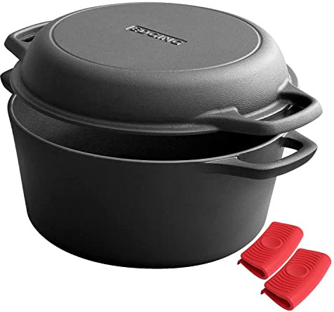 EDGING CASTING 2-in-1 Pre-Seasoned Cast Iron Dutch Oven Pot with Skillet Lid Cooking Pan, Cast Iron Skillet Cookware Pan Set with Dual Handles Indoor Outdoor for Bread, Frying, Baking, Camping, 7QT