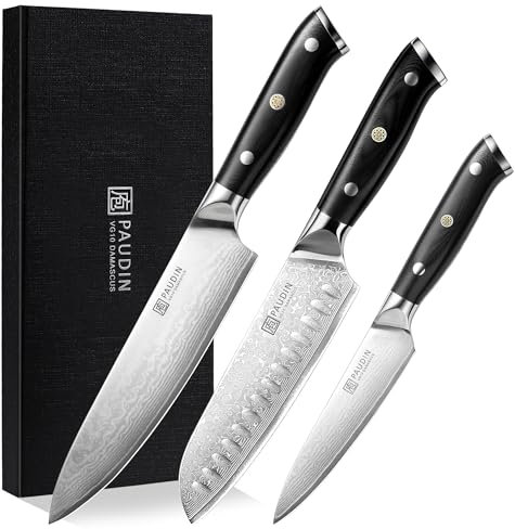 PAUDIN Damascus Knife Set 3 Pcs, Professional Kitchen Knife Set with Chef's Knife and Santoku Knife, Ultra Sharp Chef's Cooking Utility Knifes, Japan VG10 Steel Core + Full Tang G10 Handle