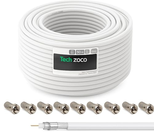 TECHZOCO Cable Coaxial SAT, Cable Antena TV 90 dB, Cable televisión Doble apantallamiento, Compatible con DVB-S/S2, DVB-T/T2, DVB-C/C2, 4K 1080p, Incluye 10 conectores F, Blanco, 25 Metros