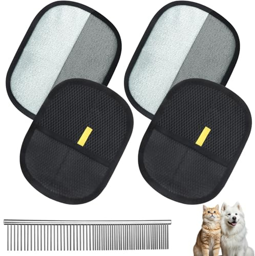 SneiDr 4 Piezas Guante Quita Pelos Mascota 20x15cm Guantes de Doble Cara para Perros y Gatos con Peine Acero Inoxidable 16cm Removedor de Pelo Estático para Casa Tienda y Peluquería