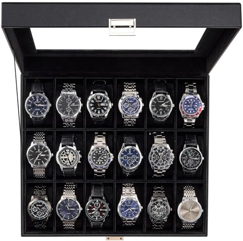 ProCase Porta Orologi Uomo a 18 Posti, Scatola Orologi in Pelle, Custodia Orologi con Coperchio in Vetro, Idea Regalo Portagioie Uomo Organizer per Orologi -Puro Nero