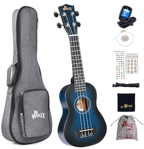 Winzz Ukulele Konsert Nybörjarset för barn och vuxna, unik färgdesign med väska, tub, extra strängar, bälte, noter klistermärken (vintageblå, 53 cm)