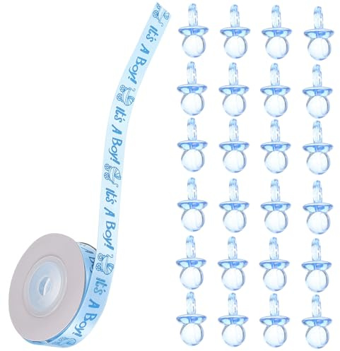 NOLITOY 101pcs Mini Pacifiers Set for Shower Game, Blue Acrylic Pacifiers with Blue Ribbon, Bulk Shower Favors and Birthday Party Decorations for Newborns