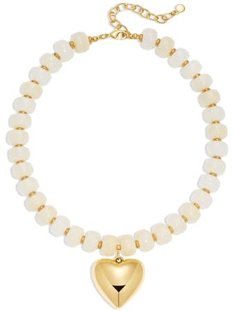 ENSKEFEN Chunky Heart Necklace White Resin Beaded Necklaces for Women Boho Puffy Gold Heart Pendant Necklaces Statement Acrylic Beads Choker Necklace