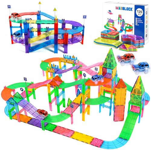 JUQG 126Pcs Gioco Giocattolo con Blocchi Magnetici 3D, Giocattoli da Costruzione Magnetici con Auto da Corsa a Led, Set di Costruzioni Giocattolo Magnetiche, Regalo per 3+ Ragazzi e Ragazze