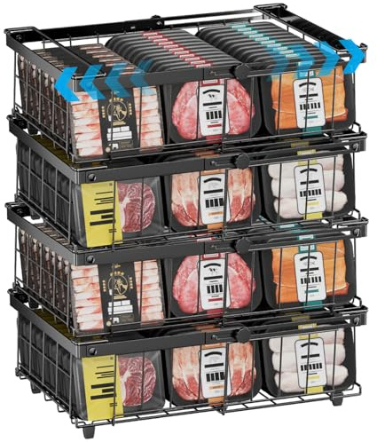 DOUBFIVSY 4 Piezas Organizador de Congelador, Metal Organizador Arcon Congelador Apilable Extensible para 140-570L Congeladores, Cesta Cajon con Asas Plegables y Fondo Antideslizante (4 Piezas-Negro)