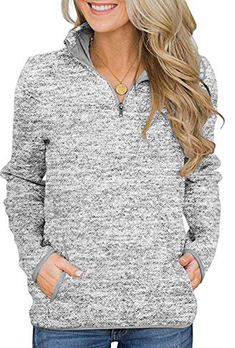 iWoo Damen Lose 1/4 Reißverschluss Jumper Sweatshirt Pullover Casual Bluse Oberteile Oversize Tops mit Taschen Grau M