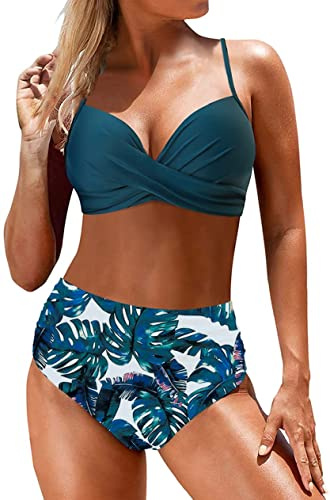CheChury Cintura Alta Conjuntos de Bikinis para Mujer Sexy Push Up Halter Bikini Traje de baño Retro Flores Estampado de Fruncido Bikinis Brasileños de Dos Piezas