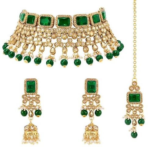 Aheli Traditional Green Kundan Studded Choker Necklace Earrings Maang Tikka Fashion Bharatanatyam jewellery Set Gift for Women