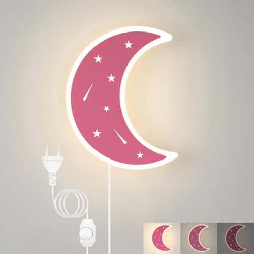 KZT LED Aplique de Pared Infantil Lámpara de Pared con Interruptor Regulable y Enchufe Lámpara de Cabecera Forma de Luna Luz de Pared para Niños Habitación 3000K Blanco Cálido Iluminación Rosa