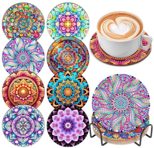 Diamond Painting Coasters with Holder, 8 Pcs Mandala DIY Art Coasters Kits, Round Full Drill Diamond Art Craft Supplies for Adults & Kids, Beginners